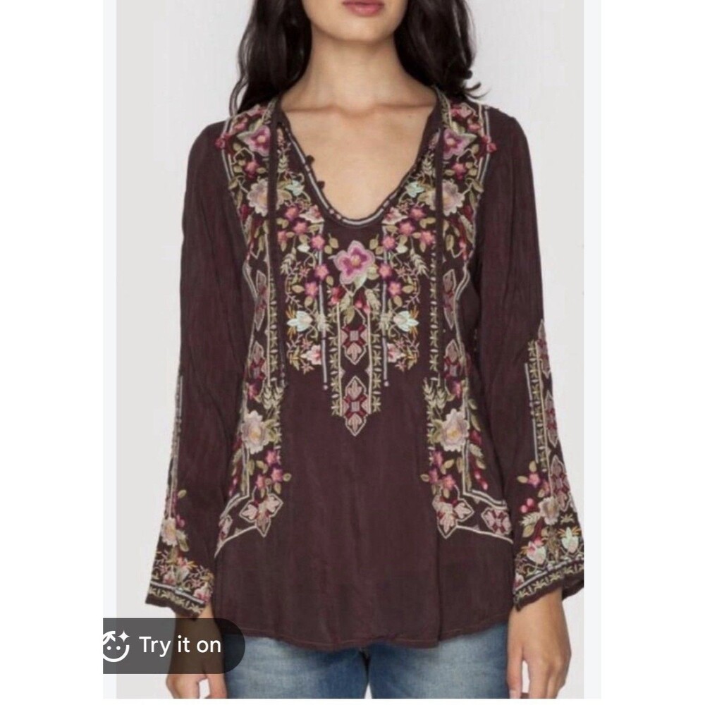 Johnny Was Fabio Embroidered Floral Tunic Blouse Large Bohemian Resortwear